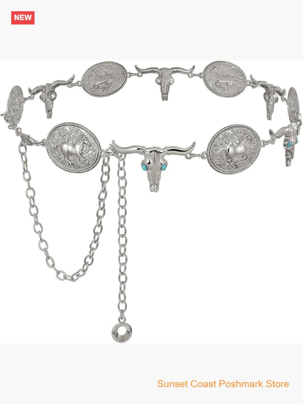 Western Concho Chain Belt for Women Cowgirl Country Rodeo Turquoise Metal Belt